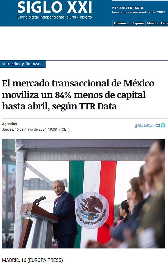 El mercado transaccional de Mxico moviliza un 84% menos de capital hasta abril, segn TTR Data